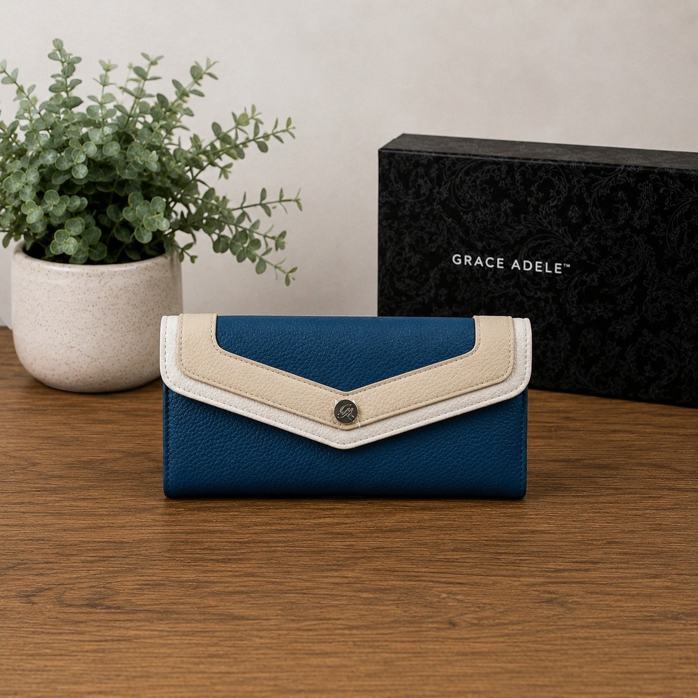 Grace Adele Blue Color Block Pebbled Faux Leather Clutch Wallet Snap Closure